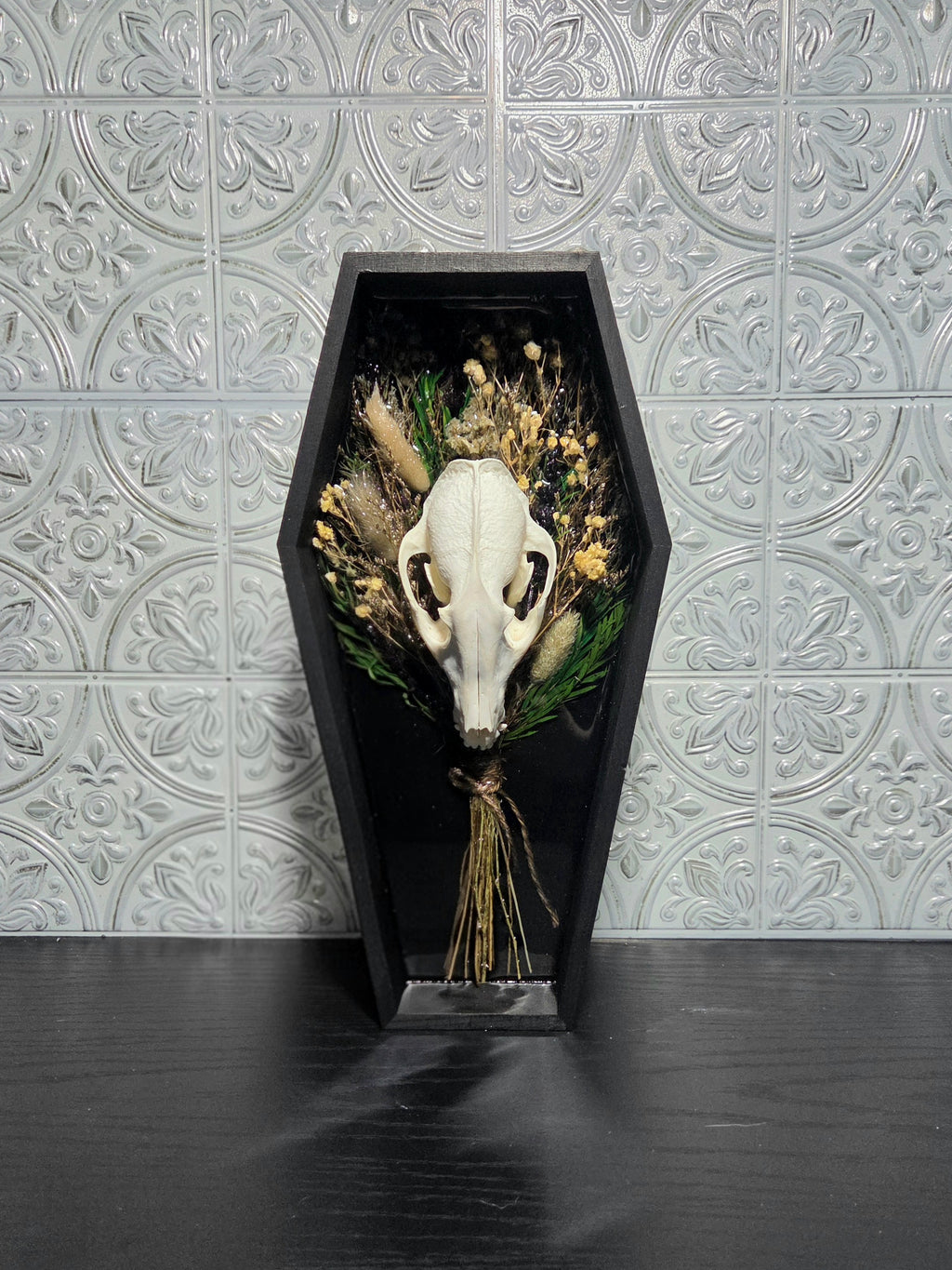 Handcrafted Raccoon Skull & Botanical Memento Mori in Shadow Box Coffin