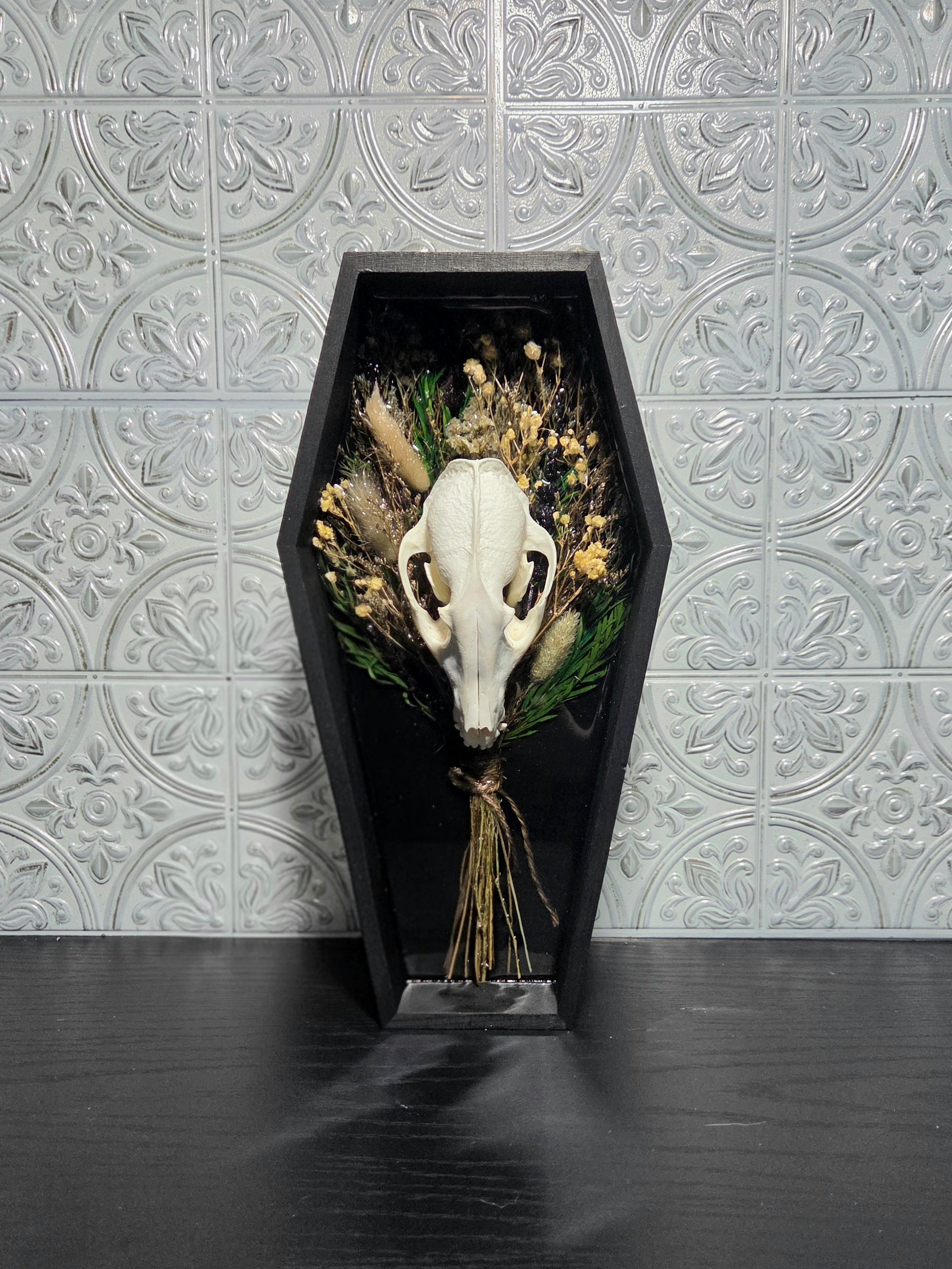 Handcrafted Raccoon Skull & Botanical Memento Mori in Shadow Box Coffin